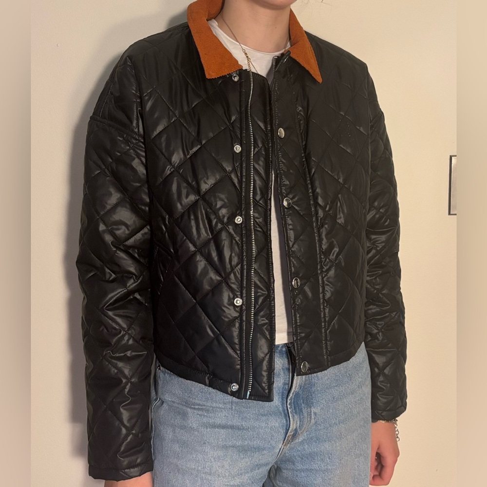 Cider Black and Brown Puffer Jacket with Quilted Design